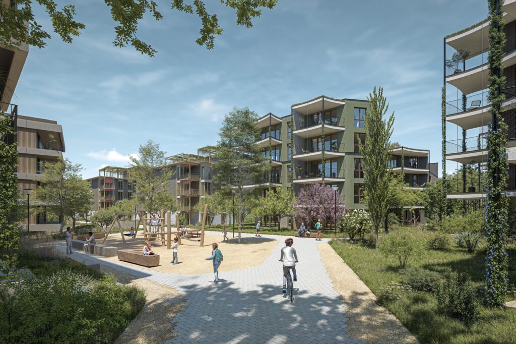 Rendu du quartier En Carouge : cheminement piéton et cycliste, aire de jeux et immeubles à façade verte