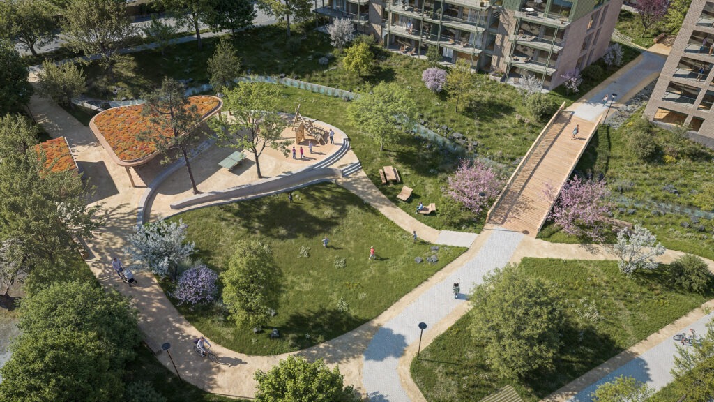 Rendu aérien du parc public du quartier : pelouses, cheminements, passerelle en bois et aire de jeux