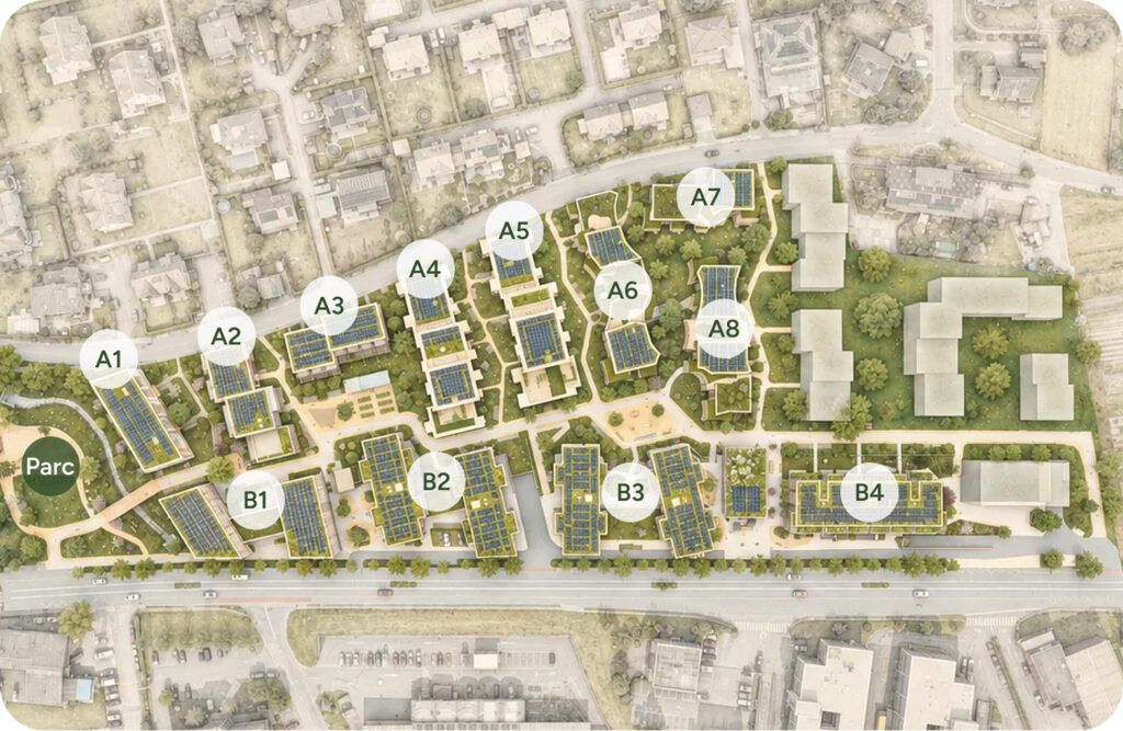Plan du quartier En Carouge vu du ciel avec les secteurs A1 à A8, B1 à B4 et le parc